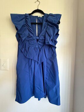 Blue Tassel Cobalt Ruffle V-Neck Dress Sz S Flowy Casual Chic